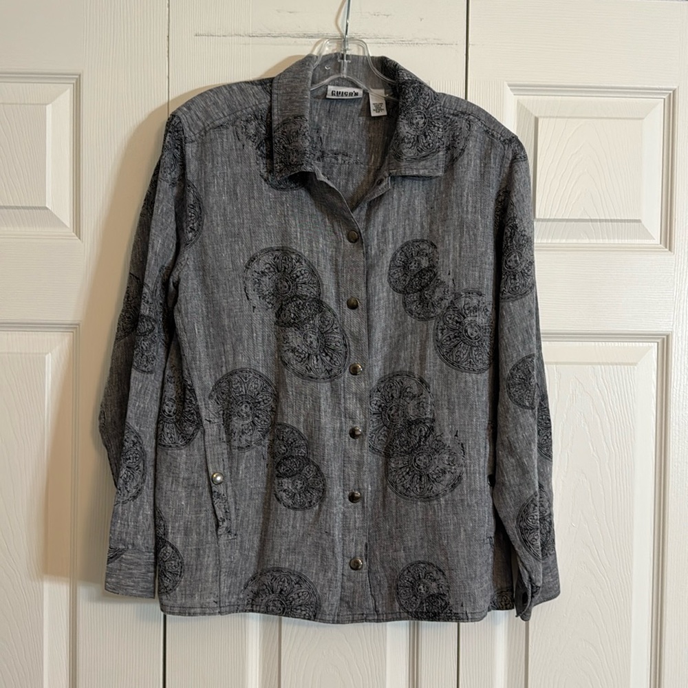 Chico’s Design 100% Linen Women’s 1 Grey Printed Button Down Long Sleeve.  G1